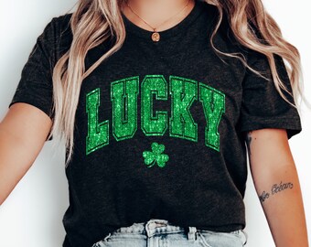 Camiseta con trébol de la suerte y purpurina sintética: camiseta estampada para fiesta del Día de San Patricio, atuendo de trébol verde