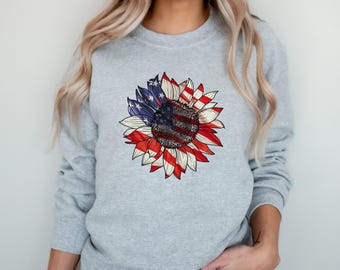American Flag Sunflower Sweatshirt: 4th of July Flower Crewneck, USA Fireworks Watching Outfit