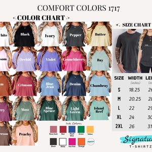 The image is a color chart and size chart for a collection of T-shirts, displaying various colors and sizes.