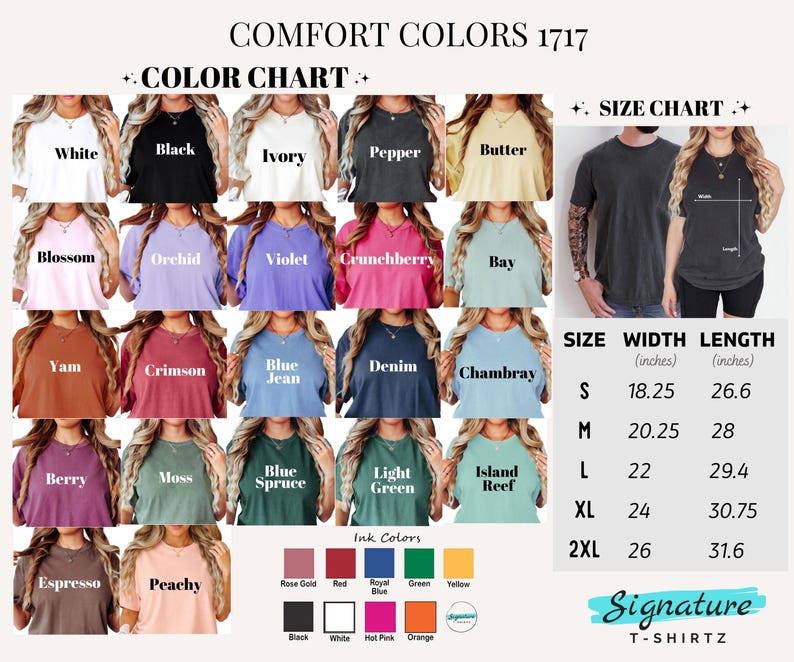 The image is a color chart and size chart for a collection of T-shirts, displaying various colors and sizes.