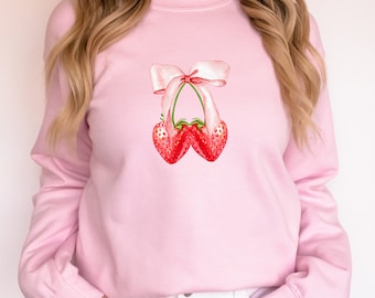 Pink Bow Coquette Strawberry Sweatshirt, Strawberry Crewneck, Girly Pink Sweater, Coquette Bow Shirt, Coquette Aesthetic Shirt, Gift for Her