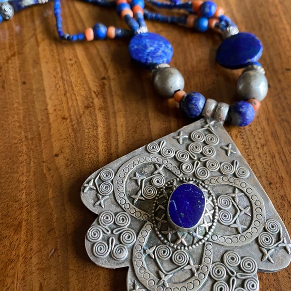 Antique Turkmen or Afghan silver pendant with lapis and coral strung beads