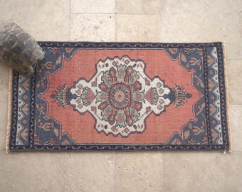 Bahtroom Rug Door Mat Small Rug,Orange Bohemian Rug 3 x 1,6 Turkish Handmade Vintage Oushak Small Rug Small Pink Grey Rug