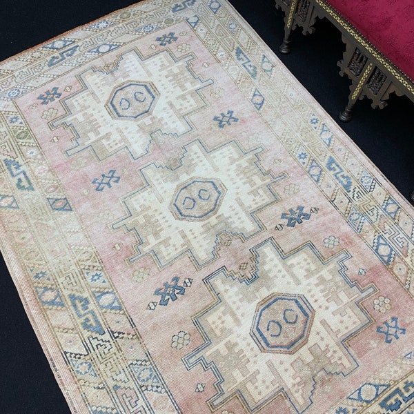 Vintage Faded Pink Blue Geometric Oushak Rug 4x6 ft, Hand Knotted Bohemian Home Office Decor Area Rug, Low Pile Distressed Turkish Rug Pink