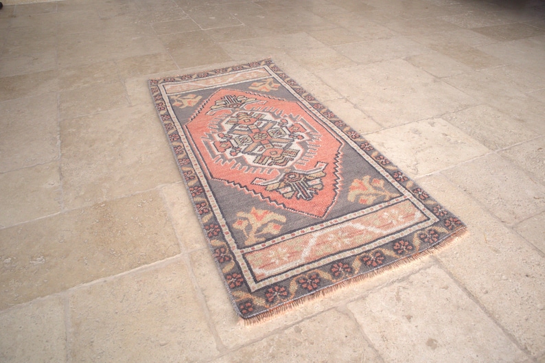 Bahtroom Rug Door Mat Small Rug,Orange Bohemian Rug 3 x 1,6 Turkish Handmade Vintage Oushak Small Rug Small Pink Grey Rug