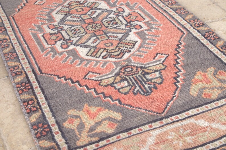 Bahtroom Rug Door Mat Small Rug,Orange Bohemian Rug 3 x 1,6 Turkish Handmade Vintage Oushak Small Rug Small Pink Grey Rug