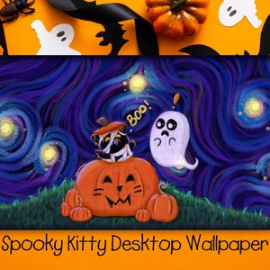 Spooky Kitty Desktop Wallpaper - Digital Download - Kawaii Halloween - Laptop Wallpaper - Computer Wallpaper - Cute Background