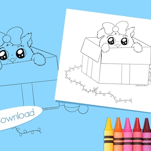 Puppy Surprise - Holiday Coloring -  Digital Download - Kawaii Coloring Sheet -  Cute Christmas Coloring Sheet - Printable Coloring Page