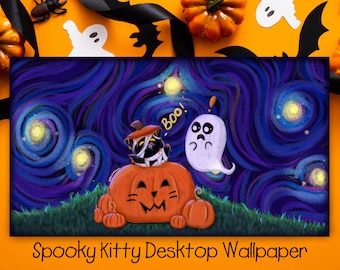 Spooky Mummy Kitty Halloween Desktop Wallpaper (Digital Download)