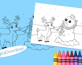 Frosty Rudolf Coloring Page: Kawaii Christmas Sheet (Digital Download)