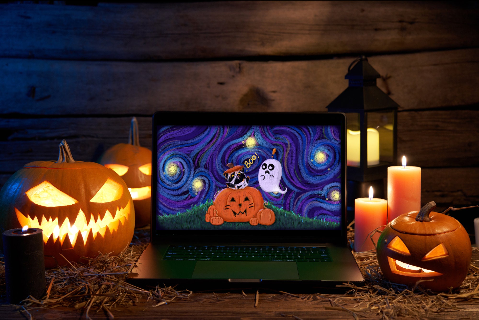 Spooky Kitty Desktop Wallpaper - Digital Download - Kawaii Halloween ...