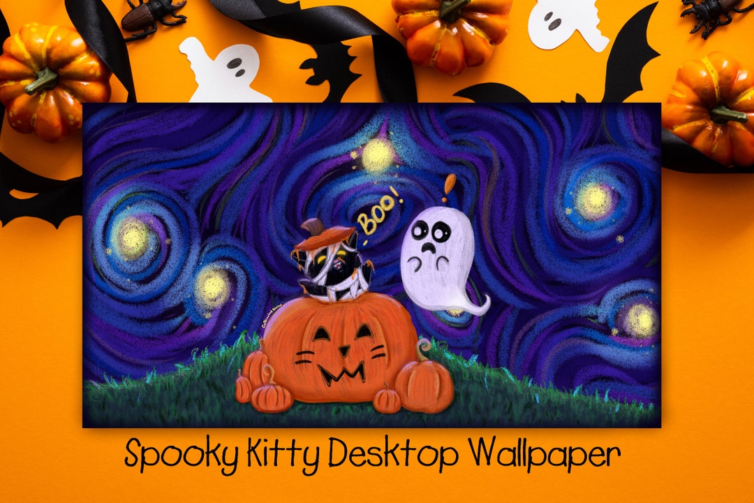 Spooky Kitty Desktop Wallpaper - Digital Download - Kawaii Halloween ...