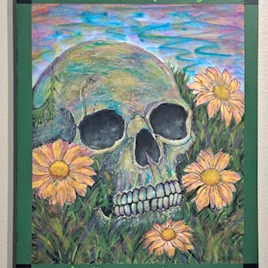 Folk art skull painting, Skull and flowers painting, Human skull painting