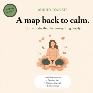 Pode incluir: Uma impressão gráfica bege intitulada AUDHD TOOLKIT A map back to calm. for the brain that feels everything deeply. Apresenta uma ilustração central de uma pessoa sentada de pernas cruzadas num tapete, rodeada por pequenos ícones, e uma lista: Meltdown tracker, Sensory log, Masking journal, Body battery.