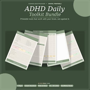 Könnte beinhalten: Ein digitaler Druck mit dem Titel "ADHD Daily Toolkit Bundle" in Grün und Weiß. Das Bundle enthält mehrere Seiten mit Abschnitten für Morgenroutinen, Hausaufgaben und Wochenübersichten. Der Text lautet: "Druckbare Werkzeuge, die mit Ihrem Gehirn arbeiten, nicht dagegen."