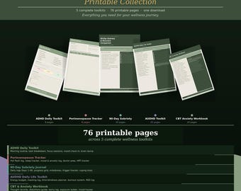 Complete Wellness Printable Bundle | Adhd Anxiety Sobriety Audhd Cbt Workbook | 76 Pages | Instant Download PDF