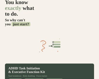 ADHD Task Initiation Kit Printable | Executive Function Planner | Task Breakdown Sheet | Body Doubling Focus Tracker | Instant Download PDF