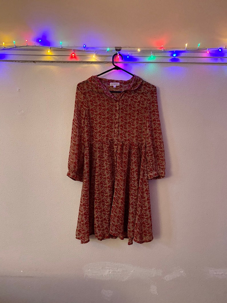 Vintage 90s Autumnal Red Ditsy Floral Sheer Dress Lovelygirl High Neckline Dress