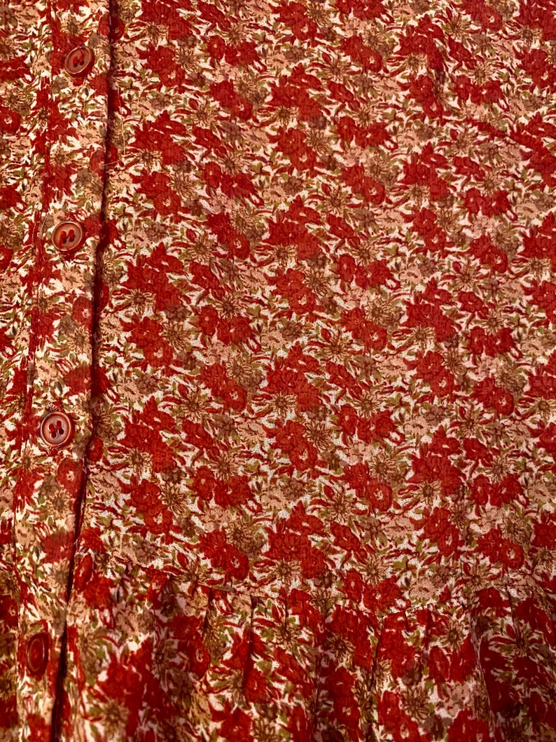 Vintage 90s Autumnal Red Ditsy Floral Sheer Dress Lovelygirl High Neckline Dress