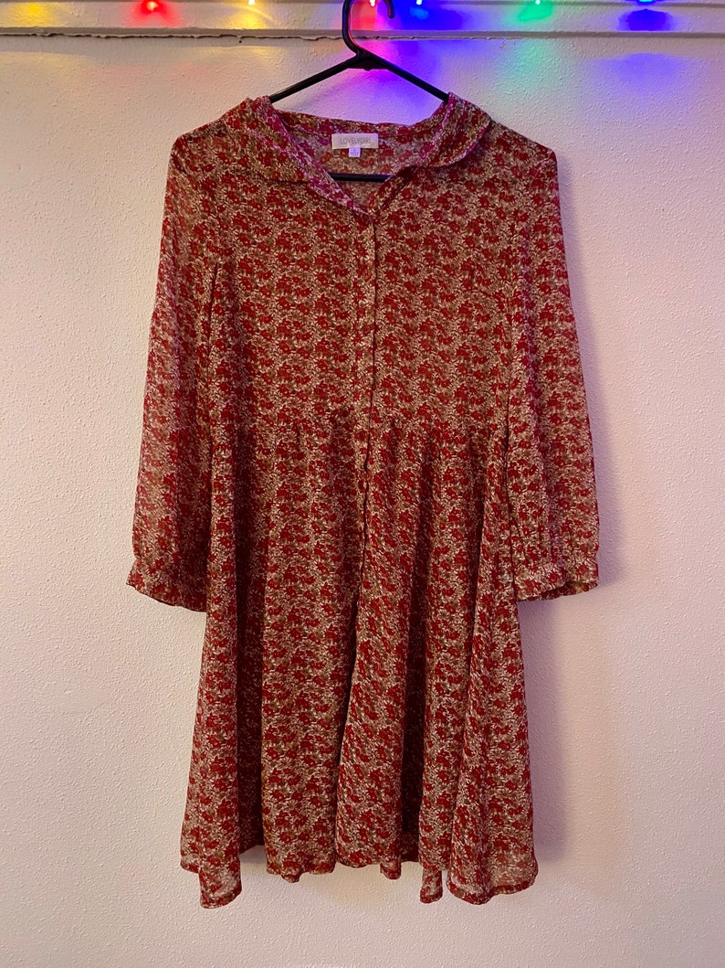 Vintage 90s Autumnal Red Ditsy Floral Sheer Dress Lovelygirl High Neckline Dress