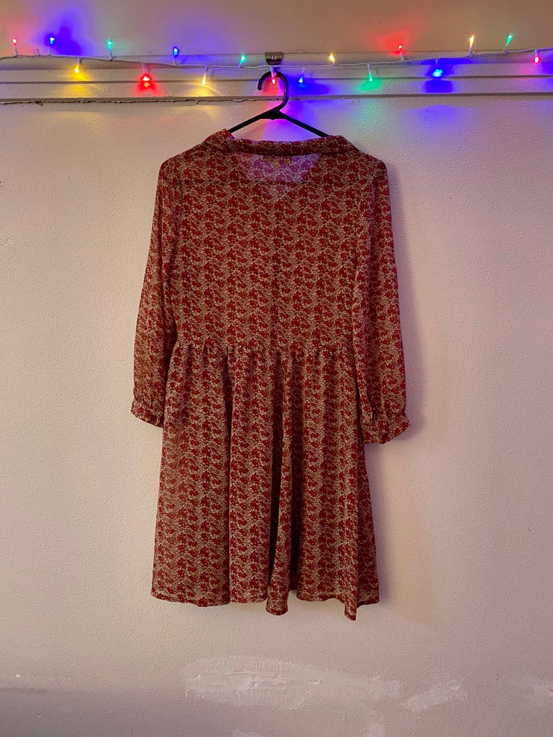 Vintage 90s Autumnal Red Ditsy Floral Sheer Dress Lovelygirl High Neckline Dress