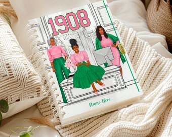 Black Girl Personalized Notebook, Black Owned Business Gift, Aka Lined Journal, Sorority, Sisterhood, 1908 Hardcover Notebook, Pink & Green