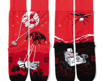 Dare Mighty Things Mars rover landing socks with encoded parachute, Perseverance rover & Ingenuity helicopter