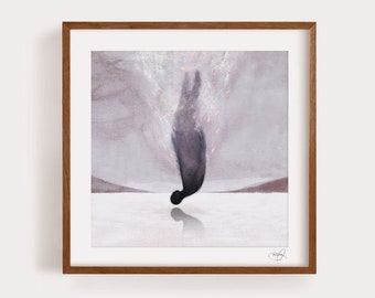 May include: A framed painting of a person falling headfirst into a body of water. The person is silhouetted against a light gray background with a faint pink glow. The water is a light blue color and reflects the person's silhouette.