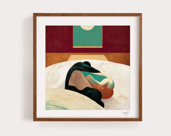 May include: A framed abstract painting of a person in a curled position on a bed, with a red and green background.