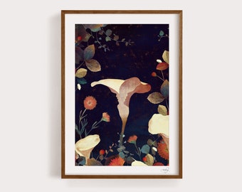 May include: A framed print of a botanical illustration featuring a white flower with a pink center, surrounded by dark green leaves and red flowers on a dark blue background.
