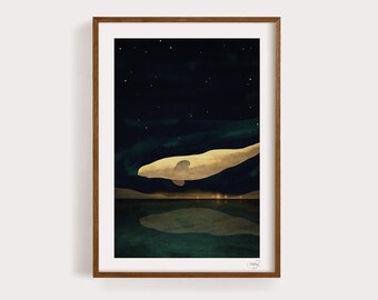 May include: A framed illustration of a white whale swimming in a dark blue sky with stars. The whale's reflection is visible in the water below.