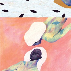 May include: Two figures are partially submerged in a pink and orange background. The figures are nude and have white outlines. The figure on top is facing the left and the figure on the bottom is facing the right. The background is a watercolor wash of pink and orange.