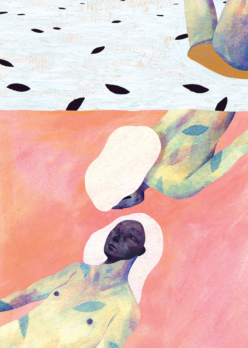 May include: Two figures are partially submerged in a pink and orange background. The figures are nude and have white outlines. The figure on top is facing the left and the figure on the bottom is facing the right. The background is a watercolor wash of pink and orange.