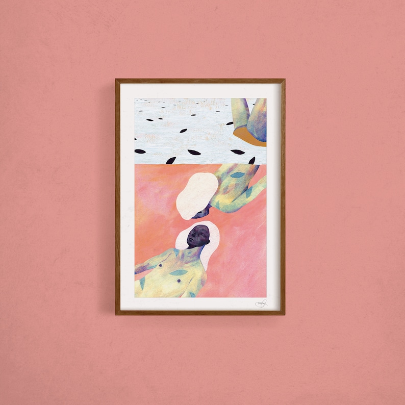 May include: A framed illustration of two people lying down, one on top of the other. The top person is wearing a green and yellow patterned shirt and the bottom person is wearing a yellow shirt with green leaves. The background is a pink and white watercolor wash.