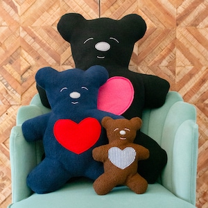 Peut inclure: Trois ours en peluche avec des cœurs brodés sur un fauteuil turquoise. Le plus grand ours est noir avec un cœur rose, l'ours du milieu est bleu avec un cœur rouge et le plus petit ours est brun avec un cœur rayé bleu et blanc.