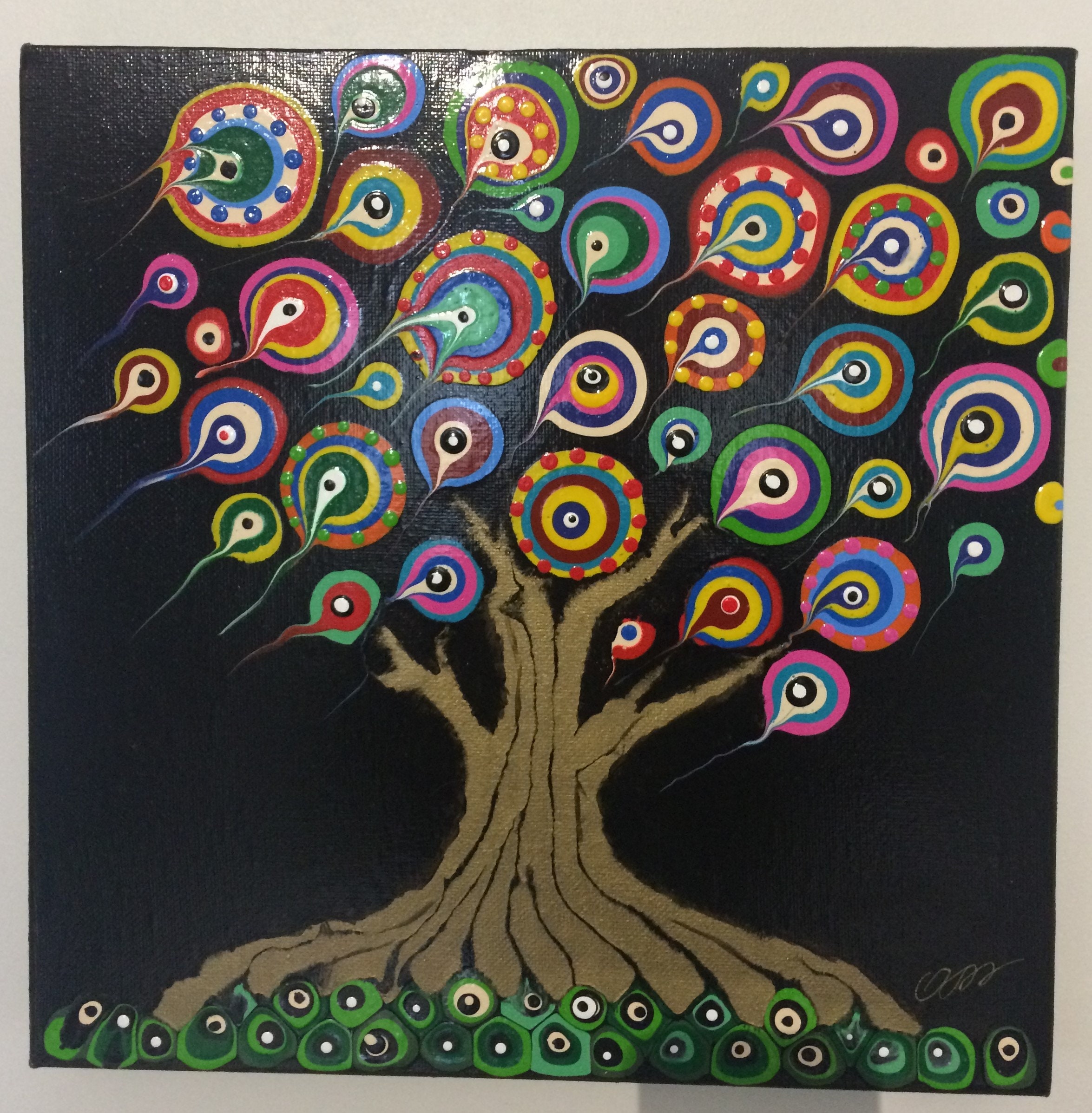 Rainbow Fluid Acrylic 3D Painting Abstract Tree 29x29 cm