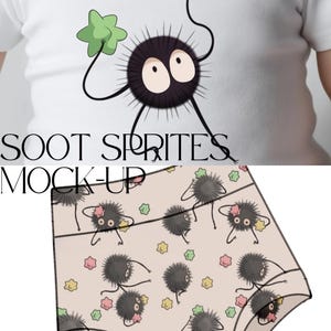 May include: Black and white underwear with a repeating pattern of black soot sprites, each holding a small star. The stars are pink, green, and yellow. The background is a light beige color.