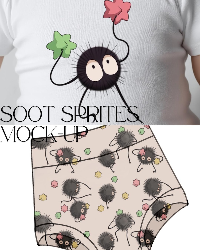 May include: Black and white underwear with a repeating pattern of black soot sprites, each holding a small star. The stars are pink, green, and yellow. The background is a light beige color.