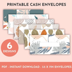 Botanical Printable Cash Envelopes with Transaction Tracker Horizontal, Budget Envelopes, Budgeting Envelope System, Set of 6, PDF image 1