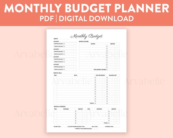 Printable Monthly Budget Planner Digital Download PDF - Etsy