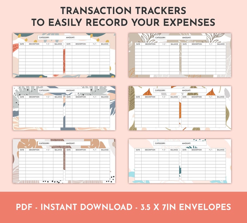 Botanical Printable Cash Envelopes with Transaction Tracker Horizontal, Budget Envelopes, Budgeting Envelope System, Set of 6, PDF image 3