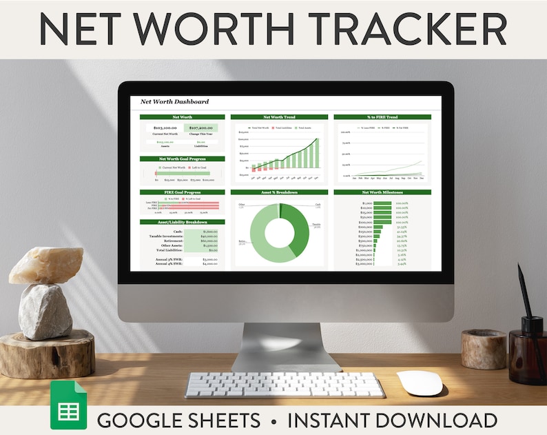 May include: A computer screen displaying a Google Sheets spreadsheet with a net worth tracker dashboard. The dashboard includes charts and graphs showing net worth trends, asset breakdowns, and net worth milestones. The text "NET WORTH TRACKER" is displayed at the top of the screen. The text "GOOGLE SHEETS - INSTANT DOWNLOAD" is displayed below the computer screen.