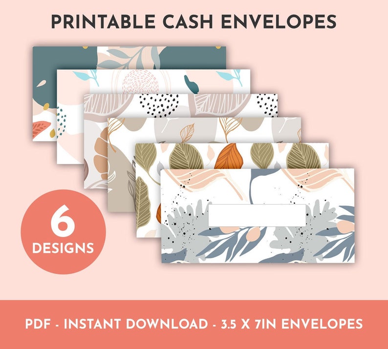 Botanical Printable Cash Envelopes with Transaction Tracker Horizontal, Budget Envelopes, Budgeting Envelope System, Set of 6, PDF image 1