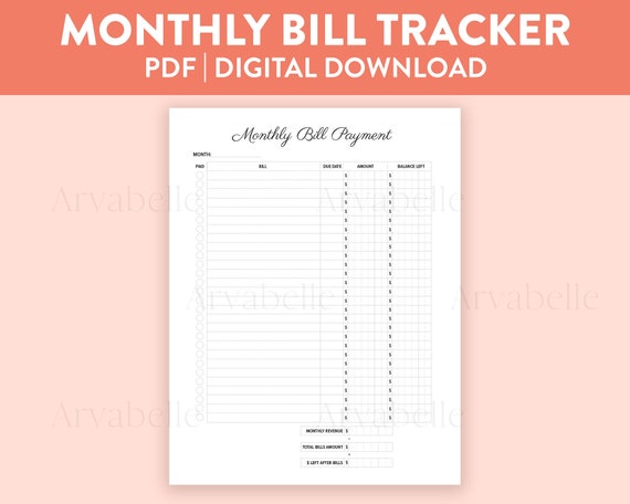 Printable Monthly Bill Tracker Digital Download PDF | Etsy
