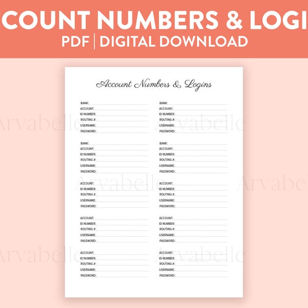 Printable Bank Account Numbers & Logins Tracker - Digital Download, PDF