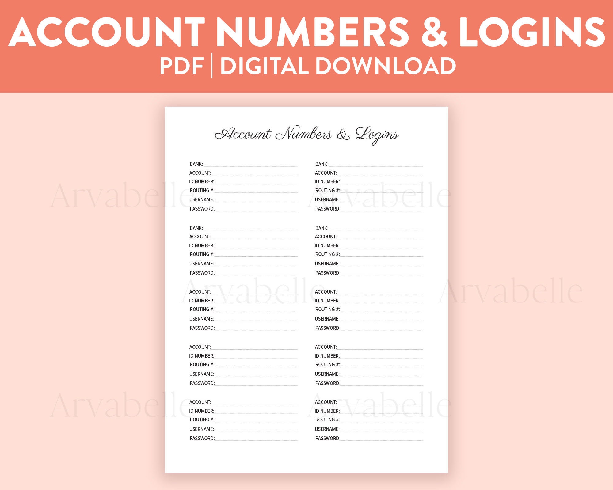 Printable Bank Account Numbers & Logins Tracker Digital Download, PDF