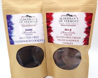 Milk or Dark Chocolate Covered Gluten Free Vanilla Cream Filled Sandwich Cookies