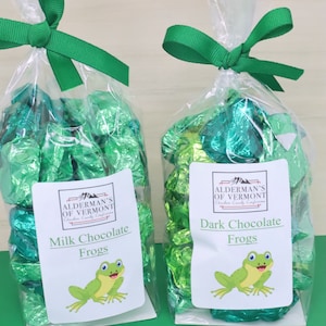 May include: Two bags of chocolate frogs, one bag is milk chocolate and the other is dark chocolate. Both bags are tied with green ribbon and have a green frog illustration on the front.