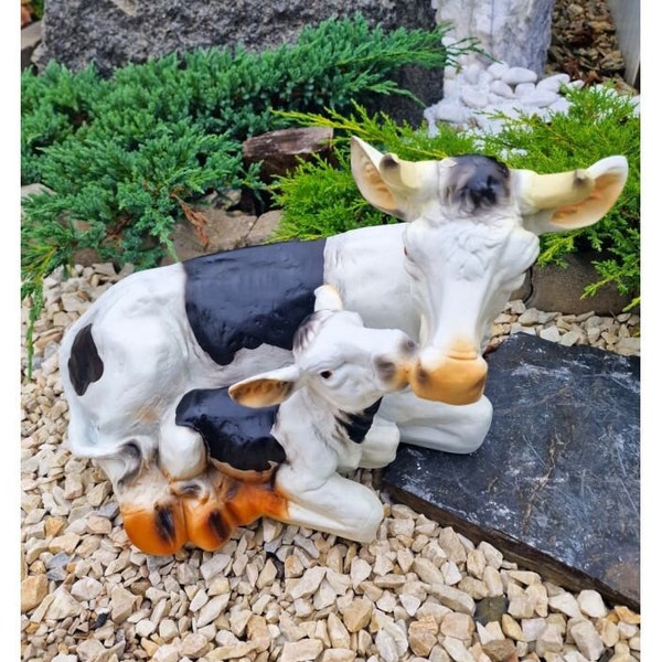 Liegende Kuh mit Kalb Plastik Kuh Skulptur Bauernhof Tier Deko Gartenskulptur Bauernhaus Kunst für yard