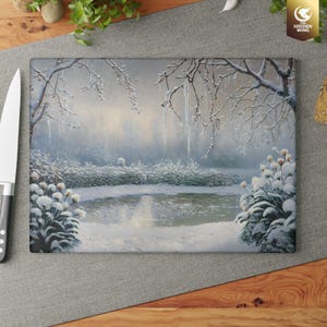 Winter Landscape Glass Cutting Board: Elegant Kitchen Decor